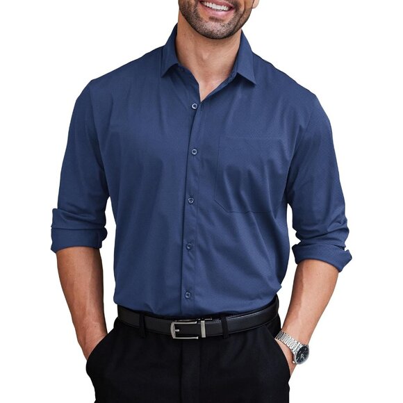 Deep Blue Men Long Sleeve Wrinkle Free Textured Button Down Business Dress Shirt - Picture 1 of 7